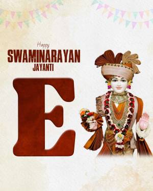 Image depicting Swaminarayan Jayanti with a portrait of Swaminarayan and the letter 'E'