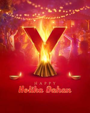 A vibrant image depicting a Holika Dahan celebration with a large illuminated 'Y' symbol.