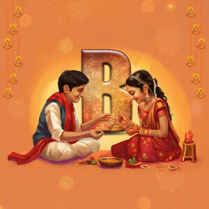 Brother and sister celebrating Raksha Bandhan with a large letter 'R'
