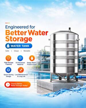 Stainless steel water storage tank against a bright sky and water background