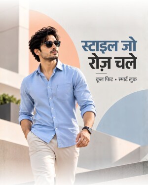 A stylish man in a light blue shirt and beige pants posing for a fashion advertisement.