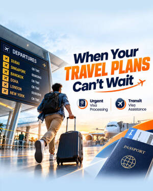 A traveler rushing through an airport with a suitcase towards a departure board with text about urgent travel plans.