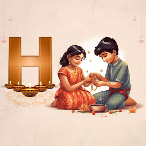 Illustration of a brother tying a Rakhi on his sister's wrist with a large 'H' and lit diyas in the background.