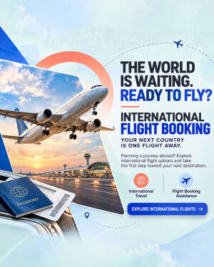 An advertisement for international flight booking featuring an airplane, a passport, and travel information.