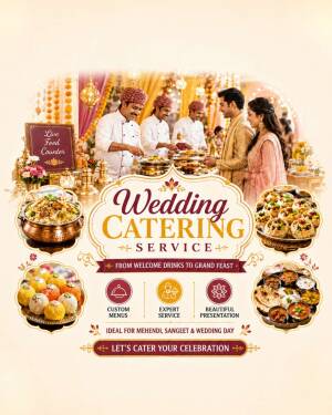 A wedding catering service promotional flyer featuring chefs serving food at a buffet with Indian dishes.