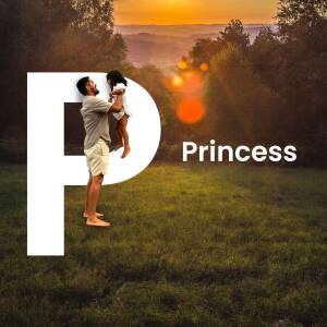 Silhouette of a father holding his daughter with a large letter 'P' and the word 'Princess' in the foreground.