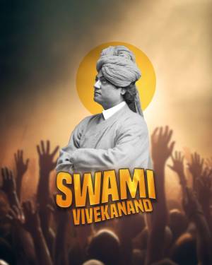 Portrait of Swami Vivekananda with a crowd and the word 'SWAMI' prominently displayed.