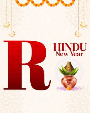 Hindu New Year greeting with a large 'R' and traditional elements