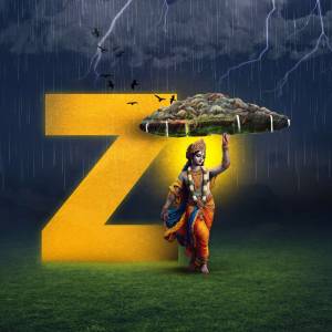 Digital art depicting Lord Krishna holding a cloud amidst a thunderstorm with a large letter Z in the background.