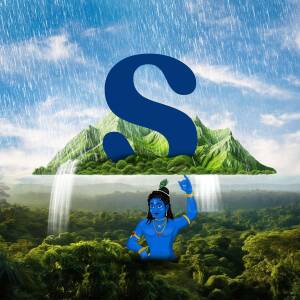 Digital art depicting Lord Krishna with the letter S and a scenic landscape.