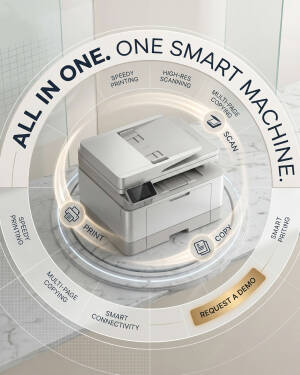 Modern all-in-one smart printer featuring print, scan, and copy capabilities on a marble surface.
