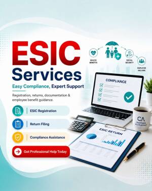 A professional flyer promoting ESIC services including registration, return filing, and compliance support with a laptop, calculator, and documents on a desk.