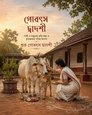 A woman in a traditional sari honoring a cow and calf during Govatsa Dwadashi