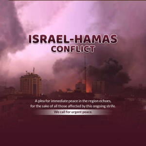 Image depicting smoke rising over a city skyline with text calling for peace in the Israel-Hamas conflict.