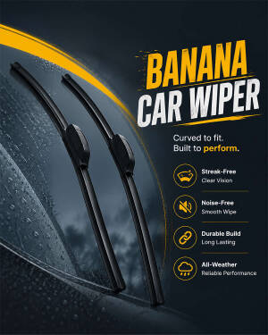 Set of black banana style car wiper blades against a rainy windshield background with product performance icons.