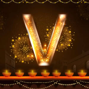 Glowing letter V with Diwali fireworks and decorations