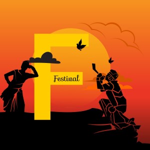 Silhouette of people celebrating a festival with a large letter 'F' and a sunset background.