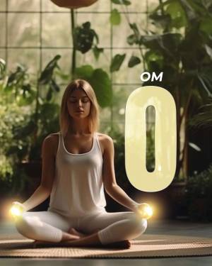 Woman meditating in a bright, plant-filled room with a glowing '0' symbol.