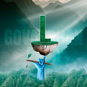 A digital artwork depicting Lord Krishna lifting Govardhan Hill