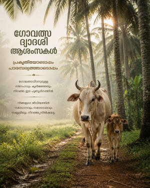 Cow and calf walking on a rural path with Malayalam text for Govatsa Dwadashi greetings