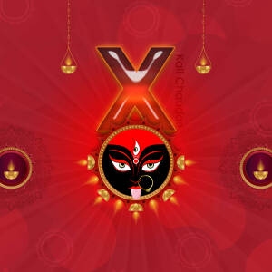 Kali Chaudas festival illustration with Goddess Kali's face and decorative elements.