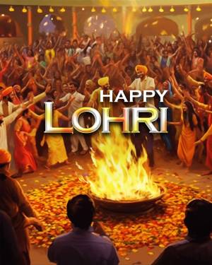 A vibrant illustration of a Lohri celebration with a bonfire and people dancing.