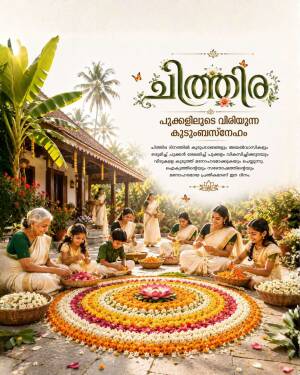 A family making a floral Pookalam for Onam celebration