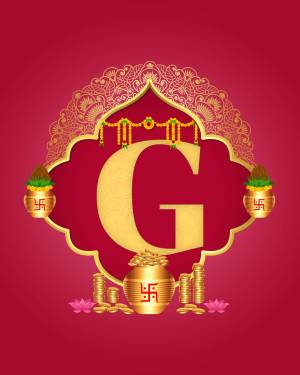 Golden letter G with Indian decorations, kalash, and swastika symbol