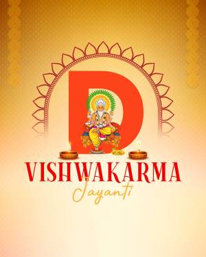 Vishwakarma Jayanti festive graphic with Lord Vishwakarma and the letter 'D'