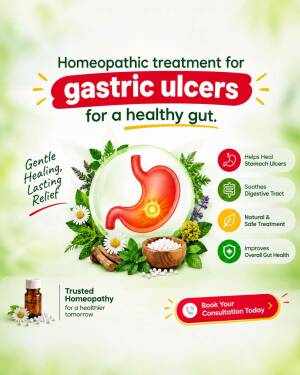 A medical poster explaining homeopathic treatment for gastric ulcers featuring a stomach illustration surrounded by natural herbs and remedies.