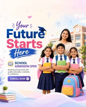 A group of smiling school students standing with their teacher, advertising school admissions with an Enroll Now button.
