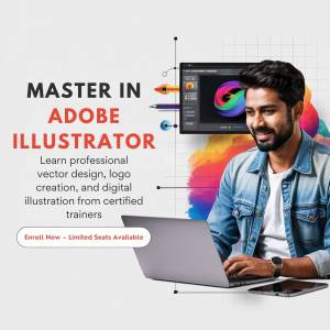 Man using a laptop with Adobe Illustrator interface displayed, promoting a course.