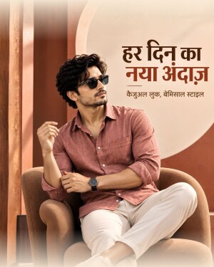 A stylish young man wearing a pink linen shirt and beige trousers in an advertising visual