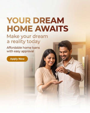 A smiling couple holding house keys together, advertising affordable home loan services with an apply now button.