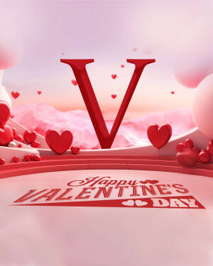 3D rendering of a large red letter 'V' with hearts and the text 'Happy Valentine's Day'