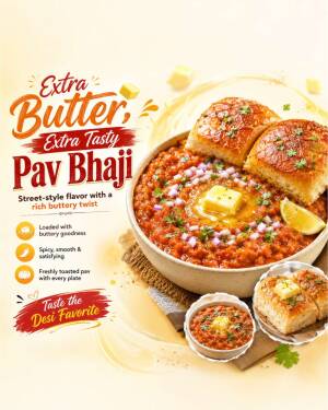 A bowl of delicious spicy Pav Bhaji garnished with a large cube of butter, onion, and cilantro, served with buttery toasted pav bread rolls on a light background.