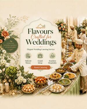 A beautifully set wedding catering buffet with an attendant in traditional attire, featuring diverse dishes and floral arrangements, promoting elegant wedding catering services.