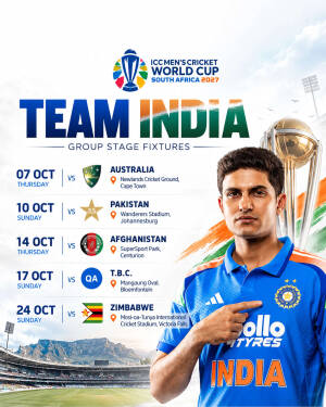 Shubman Gill posing with the ICC Cricket World Cup trophy and Team India group stage match schedule