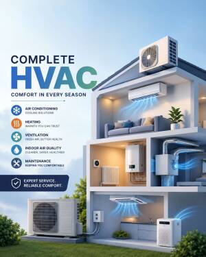 Cross section of a modern house showing integrated HVAC systems for air conditioning, heating, ventilation, and air purification.