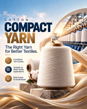 A high-quality cone of white cotton compact yarn displayed with raw cotton and textile manufacturing equipment.