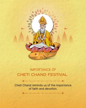 Illustration of Lord Jhulelal on a fish, with text about the Cheti Chand festival.