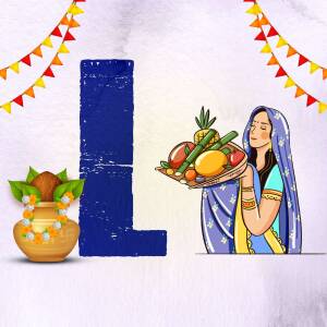 Illustration of a woman carrying a basket of fruits with a large letter 'L' and festive decorations for Onam.