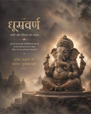 Lord Ganesha idol with Dhumravarna inscription in a serene, misty atmosphere for Ganesh Chaturthi