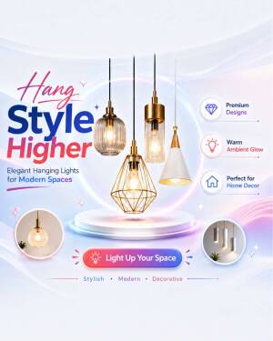 A creative advertisement featuring various modern hanging pendant lights with gold and white finishes, with text that reads Hang Style Higher