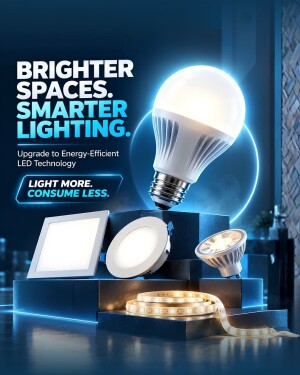 A collection of various energy-efficient LED light bulbs and fixtures arranged on dark geometric pedestals with glowing neon accents.