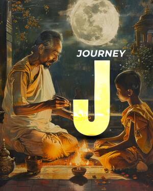 A painting of a monk teaching a young novice, with a large letter 'J' superimposed.
