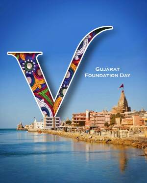 Letter V with Gujarat Foundation Day text and Dwarkadhish Temple background