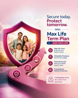 A family portrait inside a pink protective shield icon promoting Max Life Term Plan