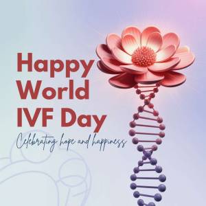 Image celebrating World IVF Day with a flower and DNA strand