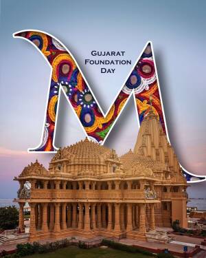 Gujarat Foundation Day graphic with a temple backdrop
